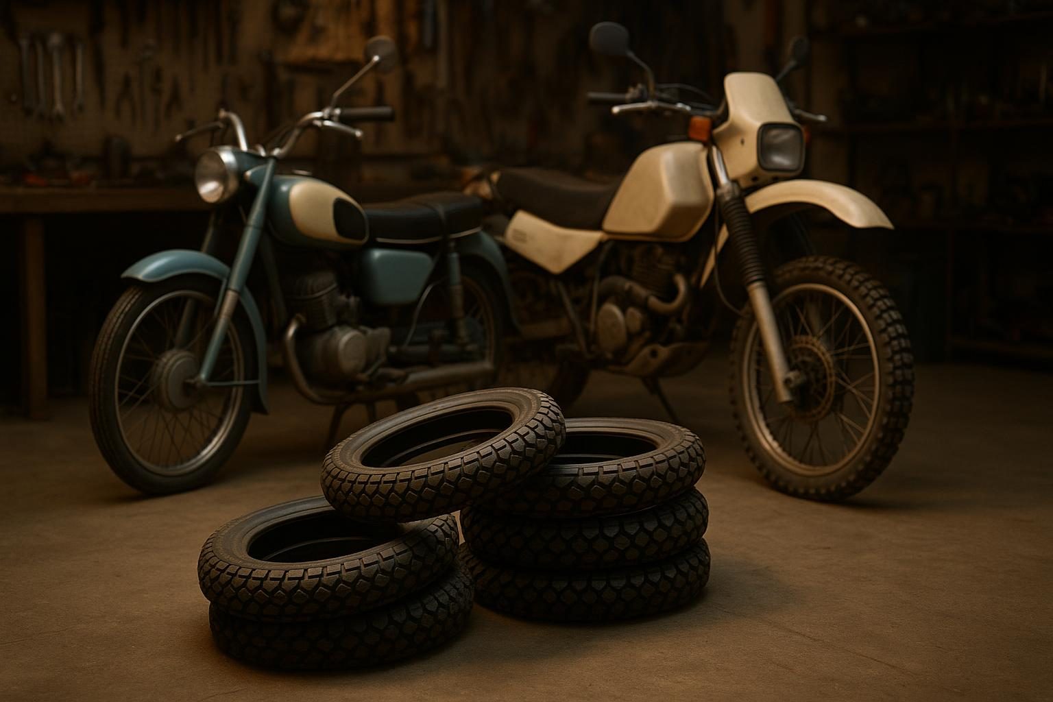 Moped und Reise-Enduro in der Werkstatt, davor gestapelte Diagonalreifen (KI-generiert, OpenAI)