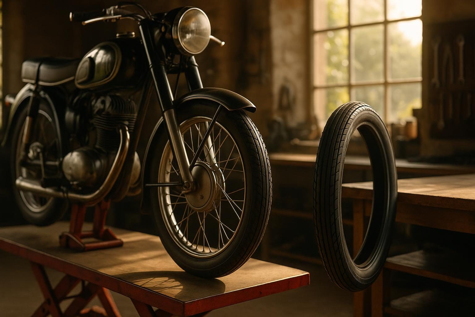 Klassisches Moped mit Speichenrad in der Werkstatt, daneben ein Mopedreifen (KI-generiert, OpenAI)