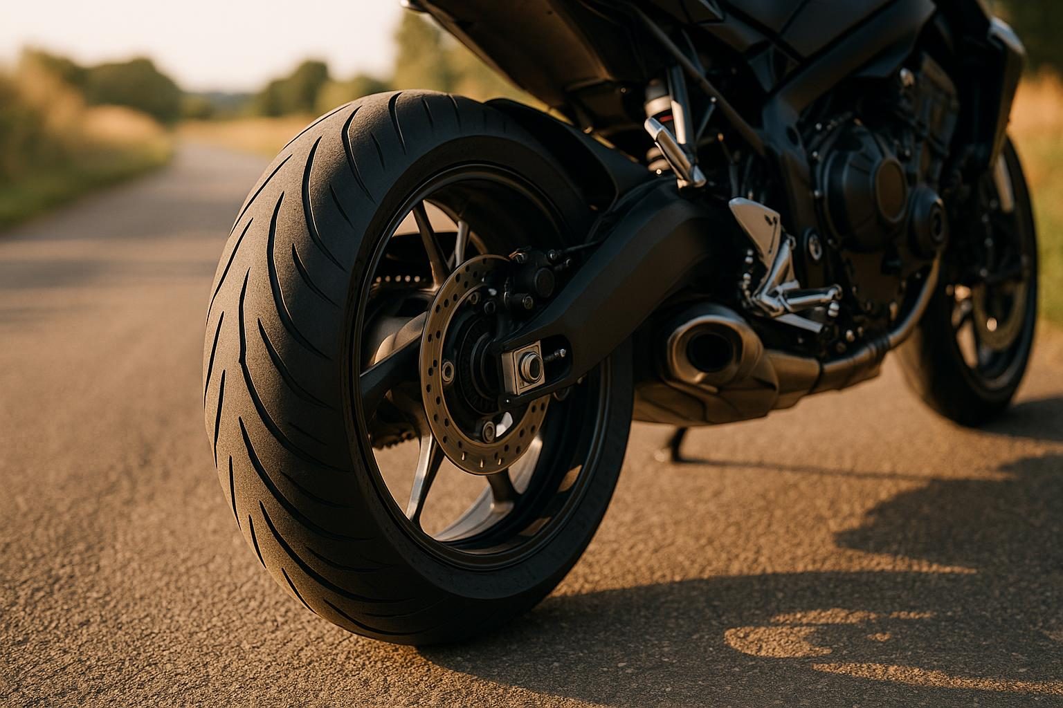 Hinterrad eines Mittelklasse-Naked-Bikes mit Sportreifen in 160/60 ZR17 (KI-generiert, OpenAI)