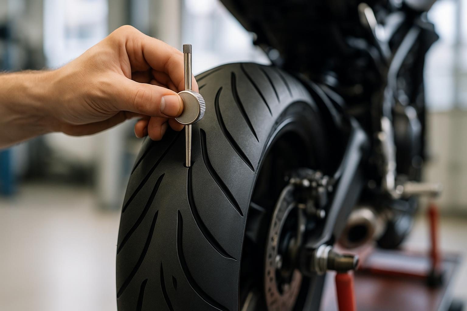 KI-generiert (OpenAI): Profiltiefenmessung an einem Motorrad-Hinterreifen in der Werkstatt