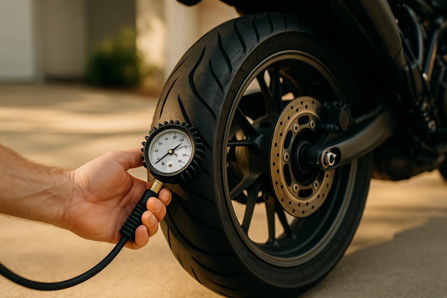 Reifendruck am Hinterrad eines Motorrads mit Manometer prüfen (KI-generiert, OpenAI)