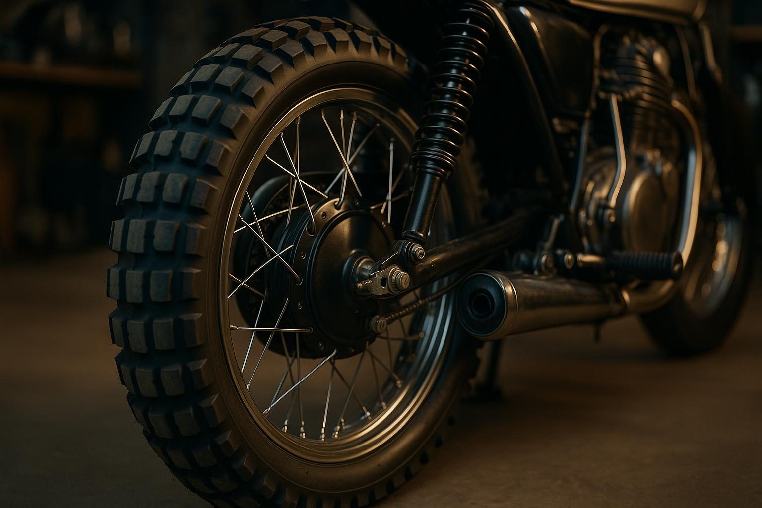 Klassisches Motorrad mit Speichenrad und grobstolligem Reifen in 19 Zoll (KI-generiert, OpenAI)