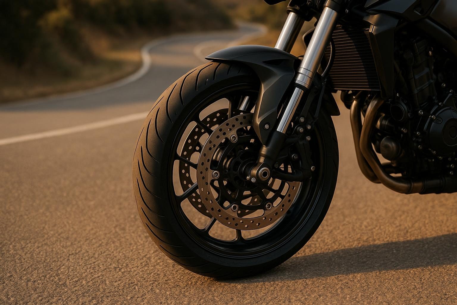 Vorderrad eines Naked Bikes mit Sportreifen 120/70 ZR17 auf 17-Zoll-Felge (KI-generiert, OpenAI)