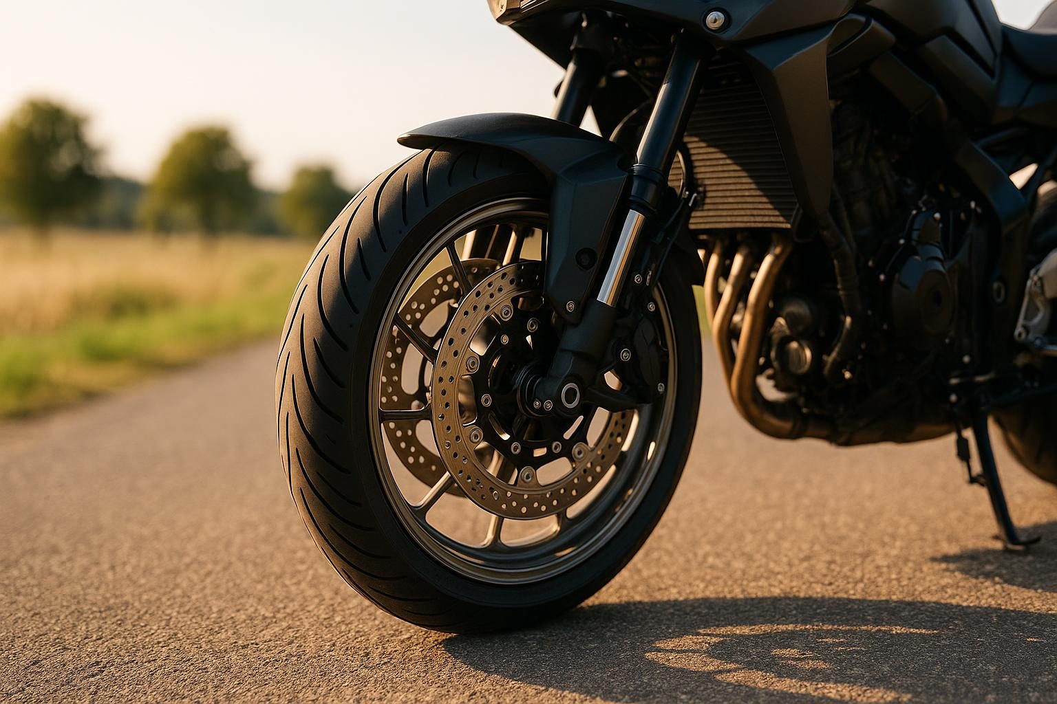 KI-generiert (OpenAI): Vorderrad eines Naked-Bike-Motorrads mit 17-Zoll-Reifen auf sonniger Landstraße
