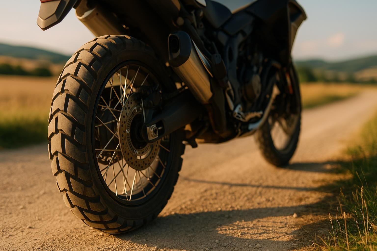 Hinterrad eines Reise-Enduro-Motorrads mit grobstolligem Reifen in 150/70 R17 auf einem Schotterweg (Symbolbild, KI-generiert, OpenAI)