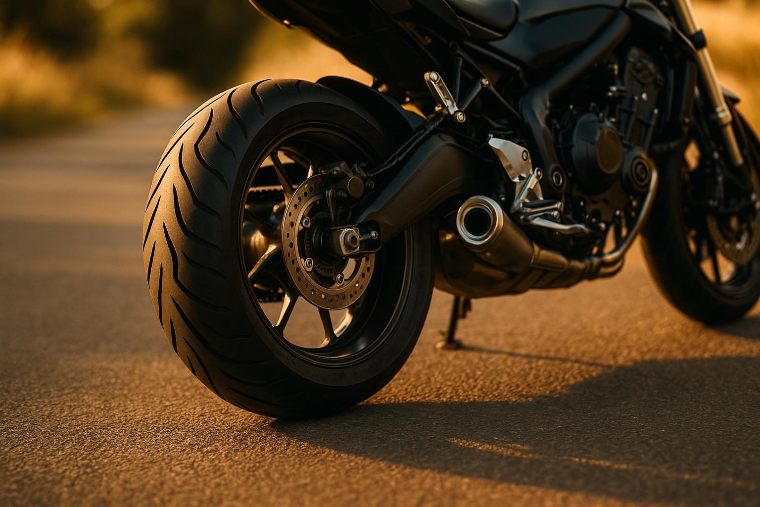 Breiter Sport-Hinterreifen in 180/55 ZR17 am Hinterrad eines Naked Bikes (KI-generiert, OpenAI)