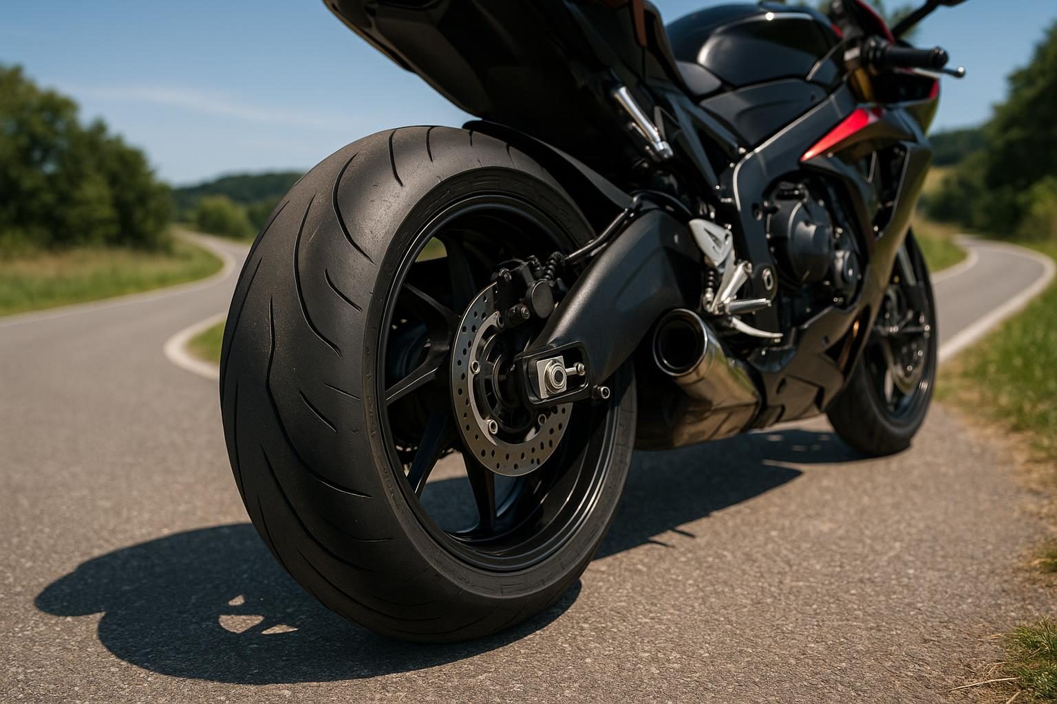 KI-generiert (OpenAI): Breiter Sport-Hinterreifen in 190/55 ZR17 am Hinterrad eines Supersport-Motorrads auf sonniger Landstraße.