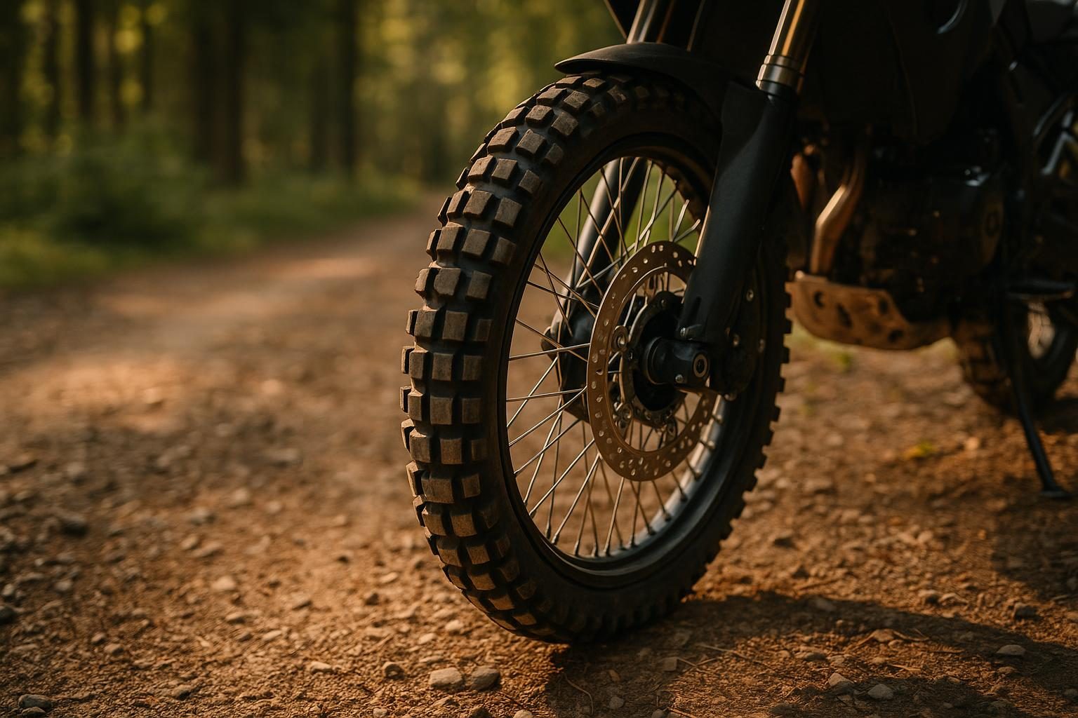 Vorderrad einer Reise-Enduro mit grobstolligem 90/90-R21-Reifen auf einem Schotterweg (KI-generiert, OpenAI)