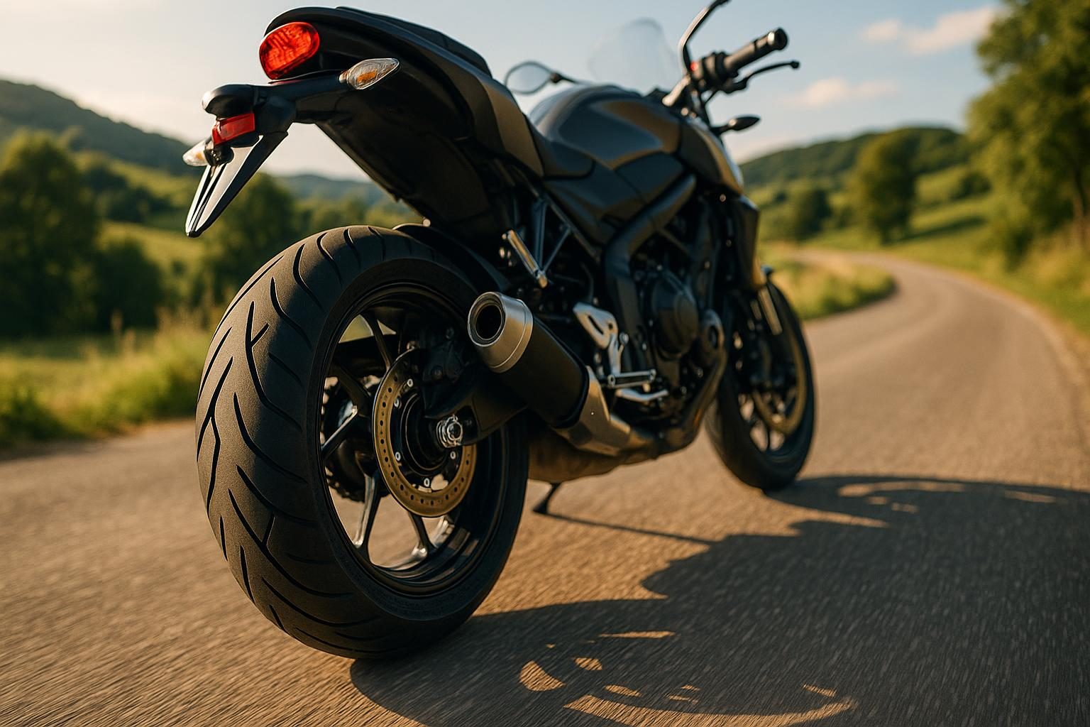 Modernes Motorrad von hinten auf sonniger Landstraße, Fokus auf dem profilierten Hinterreifen (KI-generiert, OpenAI)