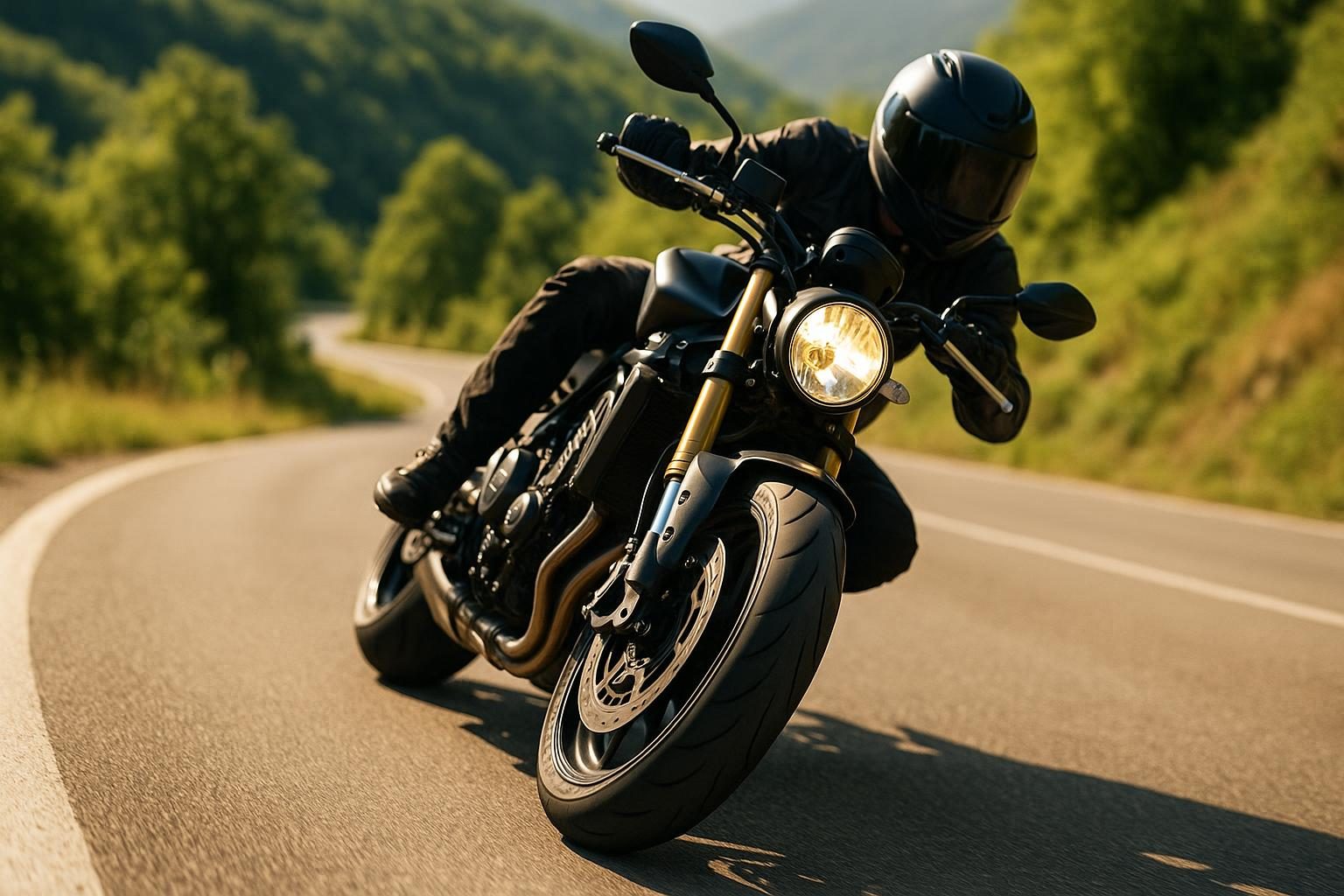 Motorrad in Schräglage in einer Kurve, Reifen mit Bodenkontakt (KI-generiert, OpenAI)