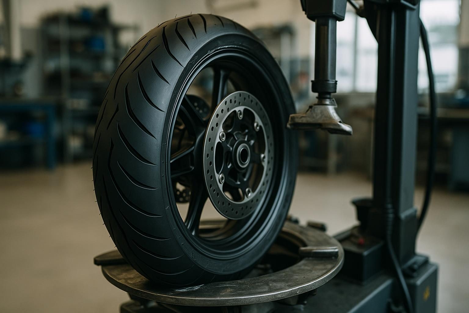 Motorrad-Hinterrad mit neuem Reifen auf einer Reifenmontiermaschine in der Werkstatt (KI-generiert, OpenAI)