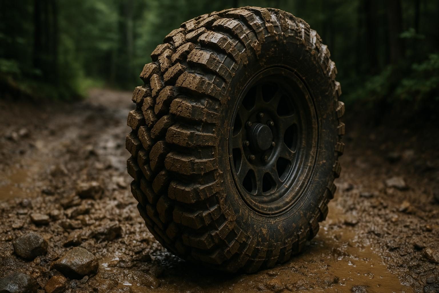 KI-generiert (OpenAI): schlammbedeckter Mud-Terrain-Geländereifen mit grobem Stollenprofil auf einem matschigen Waldweg