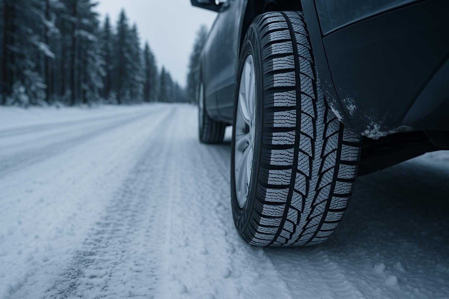 Winterreifen an einem Auto auf verschneiter nordischer Waldstraße (KI-generiert, OpenAI)