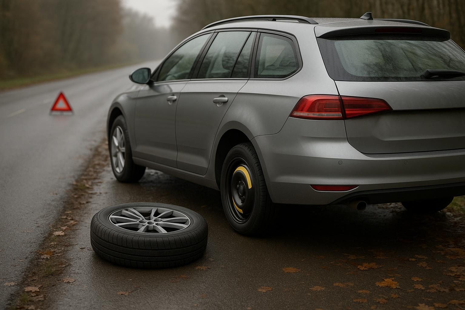 Kombi mit schmalem Notrad an der Hinterachse am Straßenrand (KI-generiert, OpenAI)