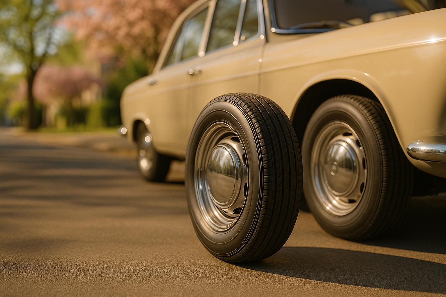 KI-generiert (OpenAI): Klassischer Oldtimer mit schmalem Reifen und Chrom-Radkappe auf Stahlfelge an einer Frühlingsstraße