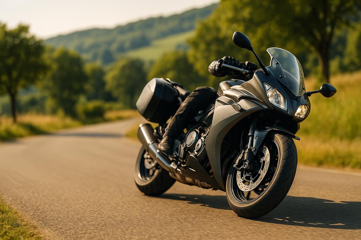 Sport-Tourer-Motorrad auf sonniger Landstraße, Reifen im Fokus (KI-generiert, OpenAI)
