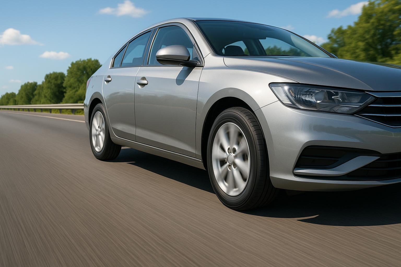 Silberne Mittelklasse-Limousine auf sonniger Sommer-Autobahn, Fokus auf einen Premium-Touring-Sommerreifen (KI-generiert, OpenAI)