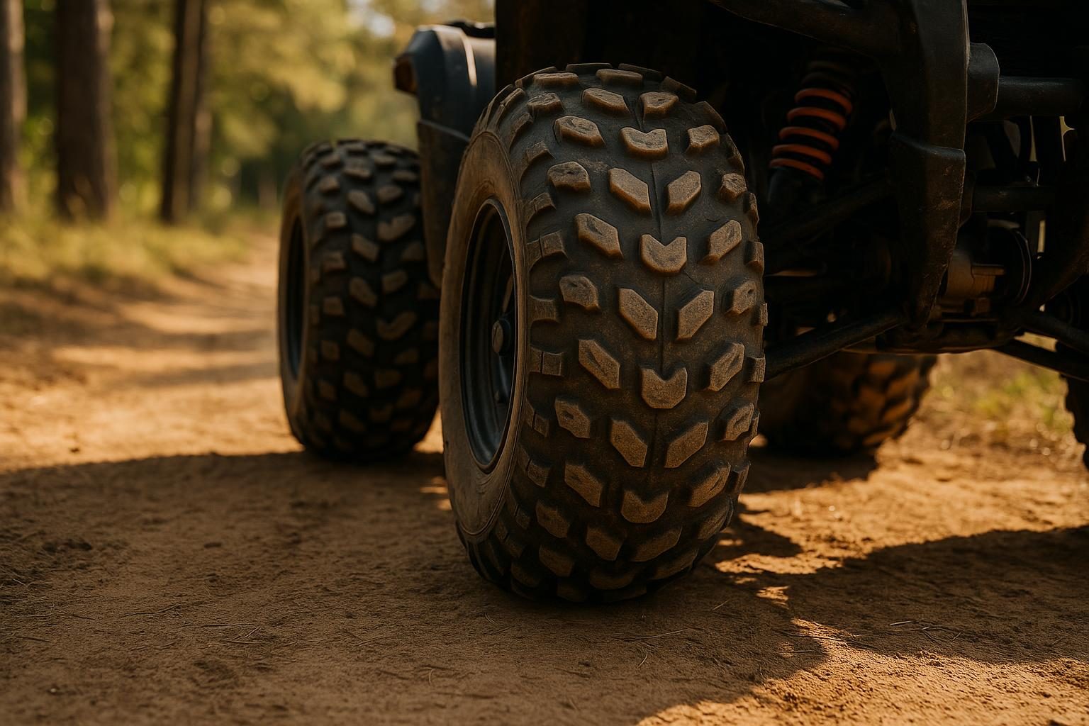 Quad mit grobstolligen All-Terrain-Reifen auf einem Waldweg (KI-generiert, OpenAI)