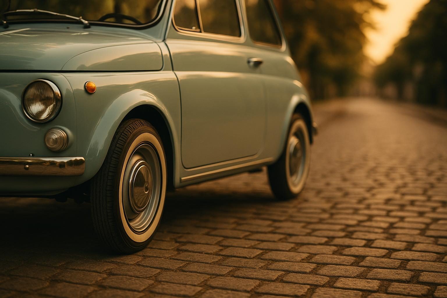 Hellblauer Kleinwagen-Klassiker mit Weißwandreifen auf Kopfsteinpflaster (KI-generiert, OpenAI)