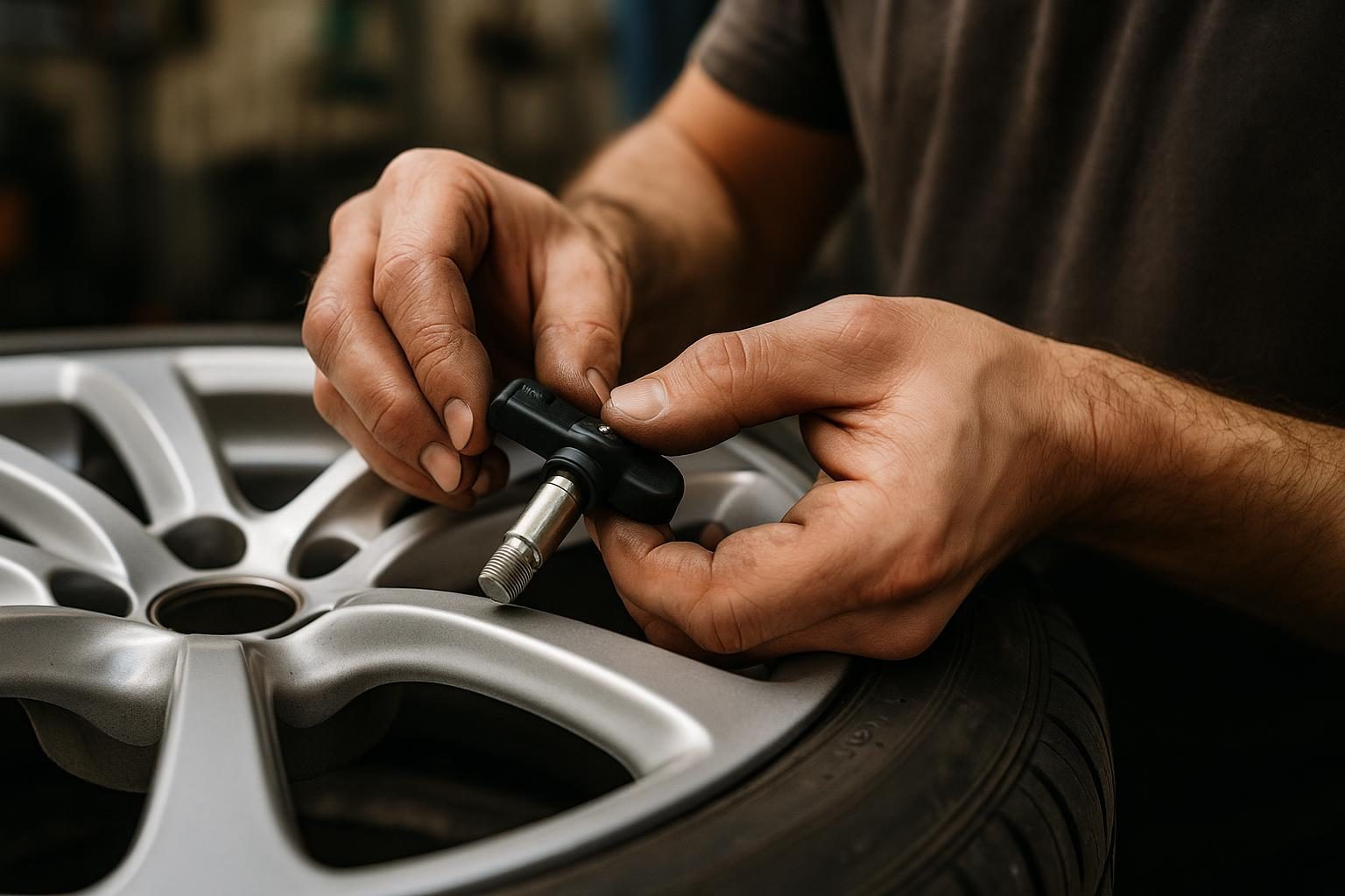 Mechaniker hält einen RDKS-Sensor mit Metallventil neben eine Alufelge mit Reifen (KI-generiert, OpenAI)