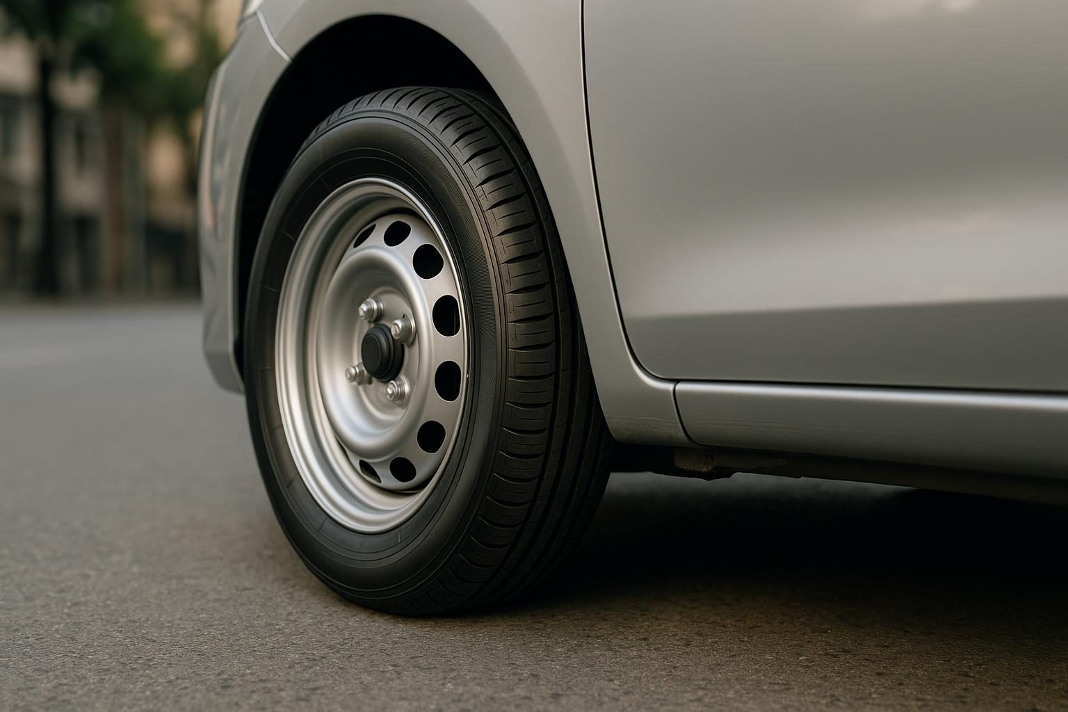 Neuer Sommerreifen der Größe 175/65 R14 auf dem Stahlrad eines Kleinwagens (KI-generiert, OpenAI)