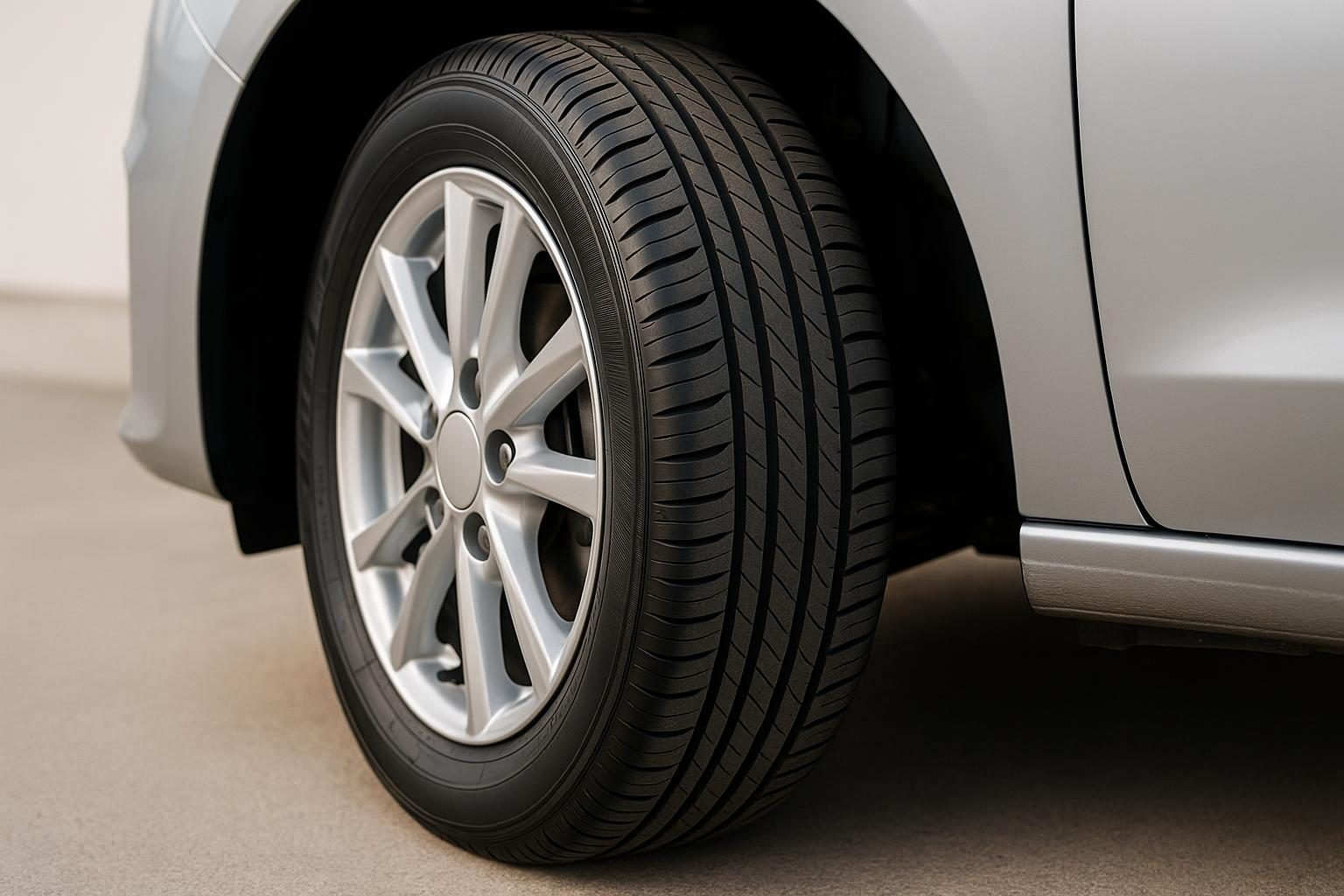 Neuer Reifen in 185/65 R15 auf einer silbernen 15-Zoll-Alufelge an einem Kleinwagen (KI-generiert, OpenAI)