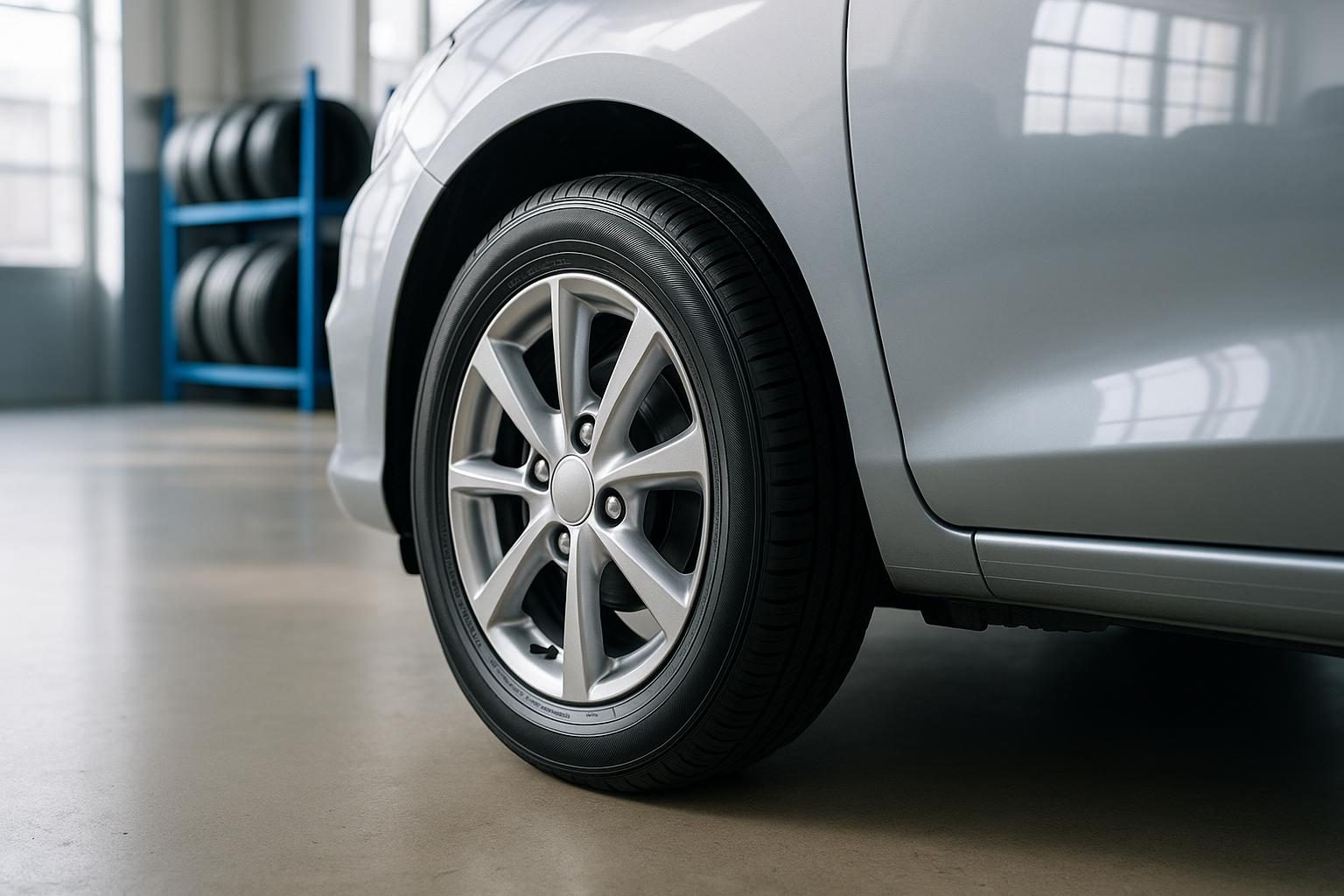 15-Zoll-Alufelge mit neuem Reifen in der Größe 195/65 R15 an einem Kompaktwagen (KI-generiert, OpenAI)
