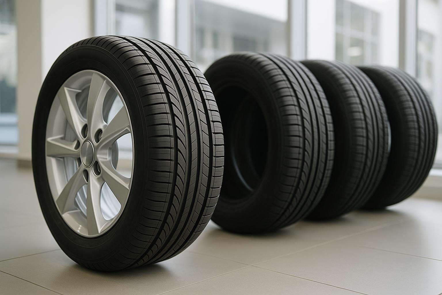 Mehrere neue Pkw-Reifen der Größe 205/55 R16 nebeneinander im Reifenfachhandel, vorderster auf einer Alufelge (KI-generiert, OpenAI)