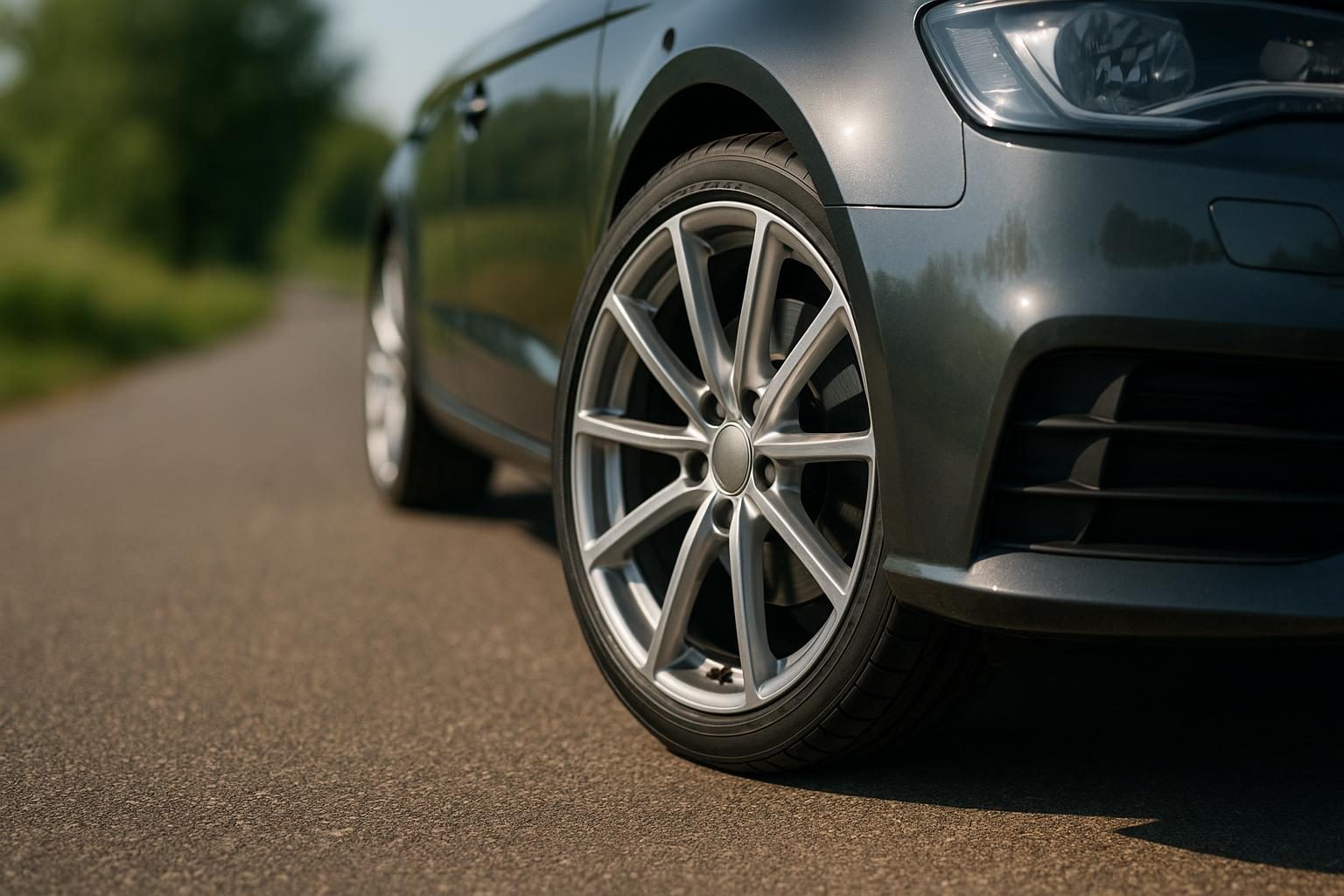 Sportlicher Kompaktwagen mit Niederquerschnittsreifen 225/40 R18 auf einer 18-Zoll-Alufelge auf sommerlicher Landstraße (KI-generiert, OpenAI)