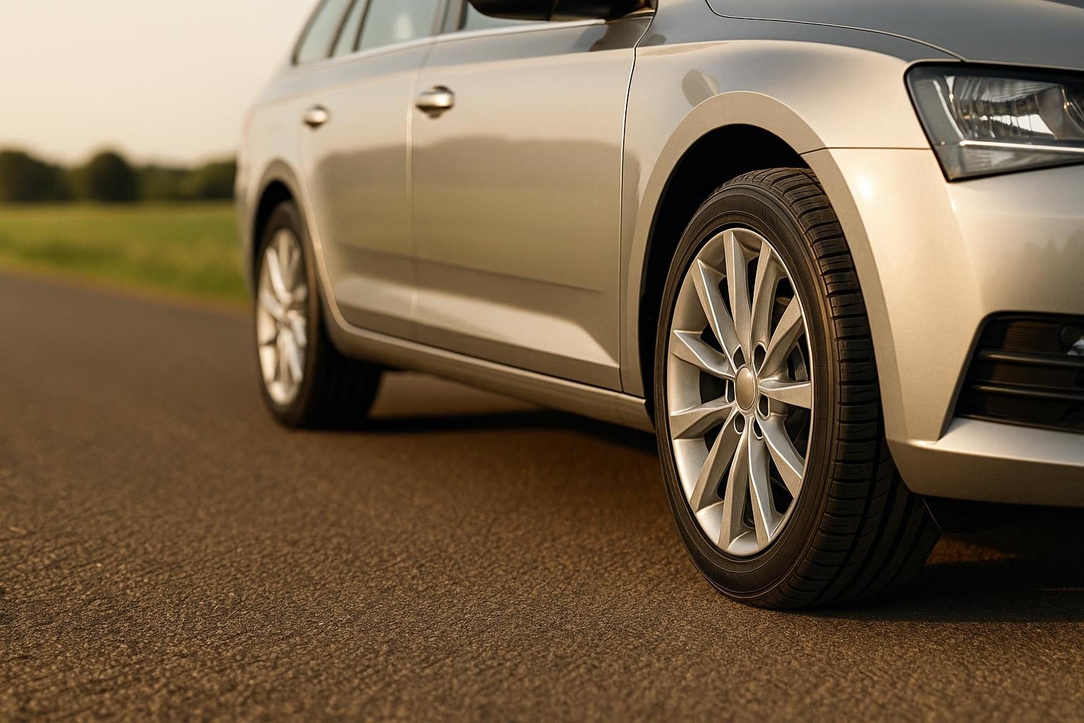 Vorderrad eines Mittelklasse-Kombis mit Reifen der Größe 225/50 R17 auf sommerlicher Landstraße (KI-generiert, OpenAI)