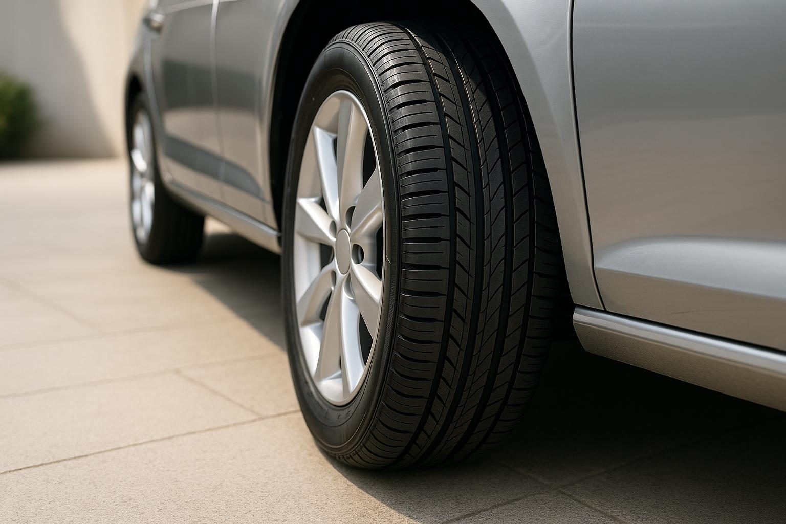 Neuer Sommerreifen in 225/55 R17 auf einer silbernen 17-Zoll-Alufelge an einem Mittelklassewagen (KI-generiert, OpenAI)