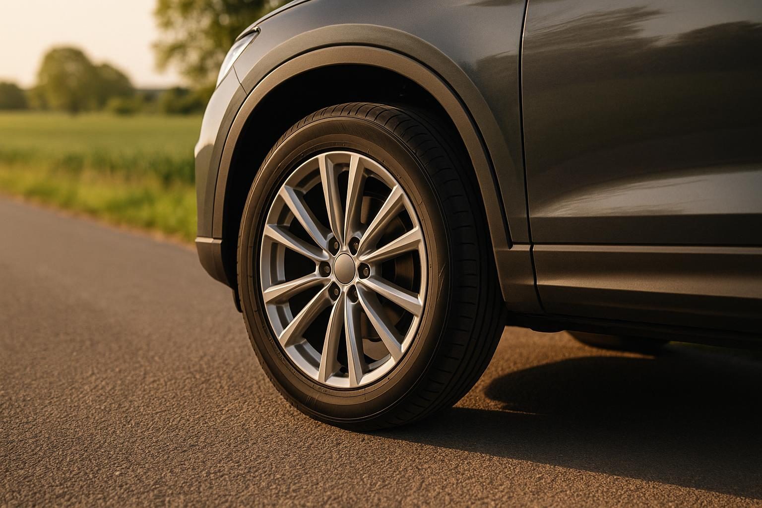 18-Zoll-Alufelge mit Sommerreifen an einem grauen Mittelklasse-SUV (KI-generiert, OpenAI)