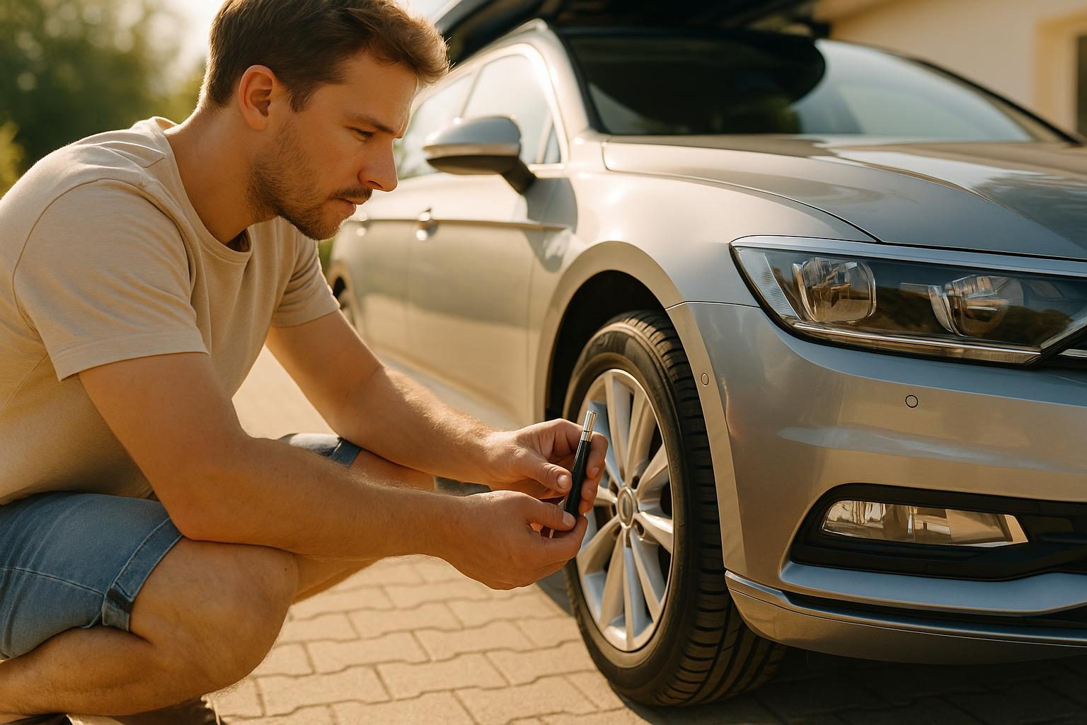 Mann prüft vor der Urlaubsfahrt das Profil am Vorderreifen eines voll beladenen Kombis mit Dachbox in sonniger Einfahrt