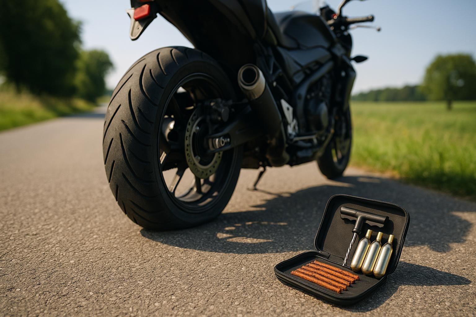 Motorrad am Rand einer sommerlichen Landstraße, daneben ein geöffnetes Reifen-Pannenset mit Dichtschnüren und CO2-Kartuschen (KI-generiert, OpenAI)