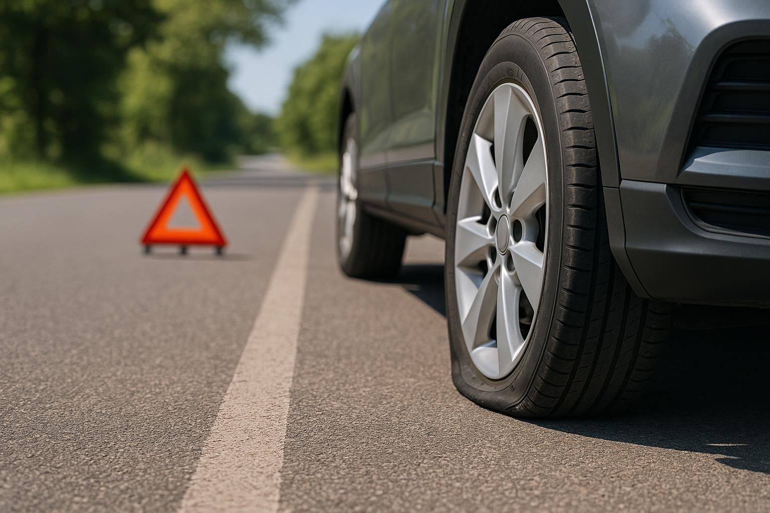 Auto mit plattem Reifen am Strassenrand, Warndreieck dahinter (KI-generiert, OpenAI)
