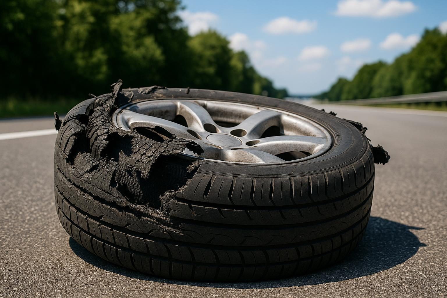 Geplatzter Pkw-Reifen mit abgerissener Lauffläche auf einer Alufelge am Autobahn-Standstreifen (KI-generiert, OpenAI)