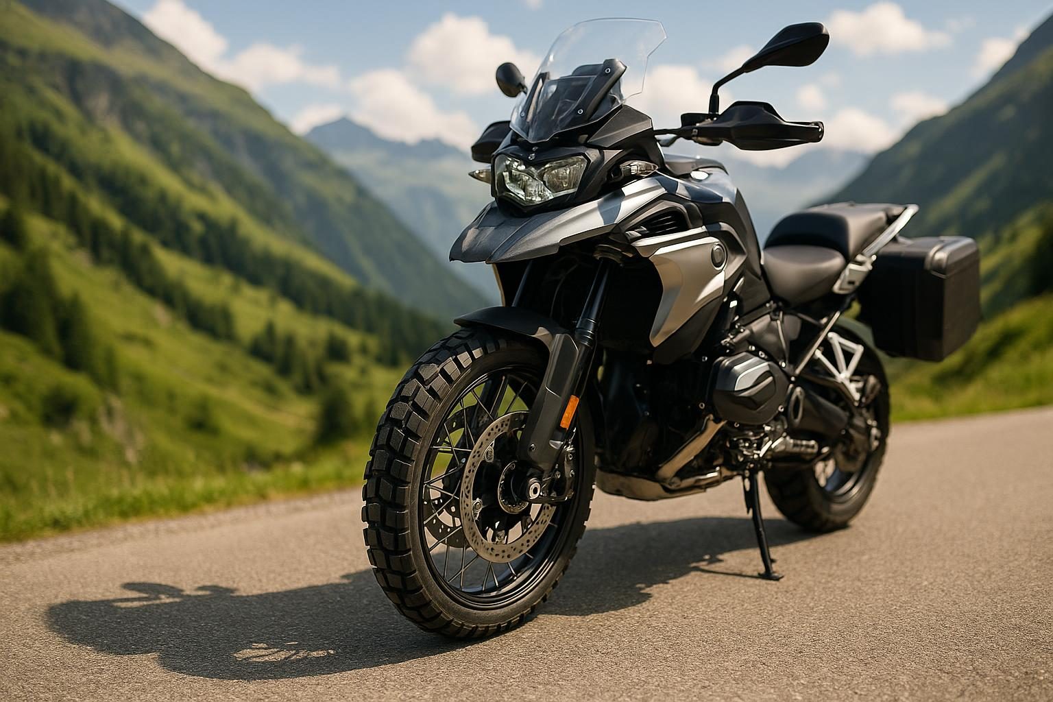 Große Reise-Enduro auf einer Bergstraße, Vorderrad mit Adventure-Reifen 120/70 R19 (KI-generiert, OpenAI)