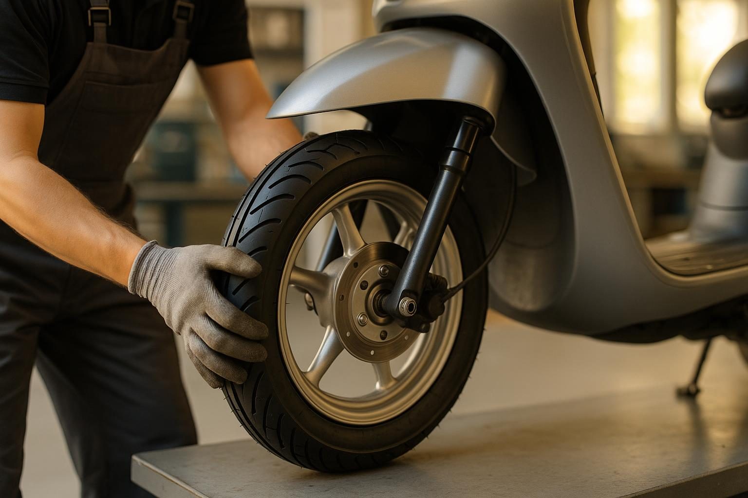 Mechaniker montiert einen neuen Rollerreifen am kleinen Vorderrad eines Motorrollers (KI-generiert, OpenAI)
