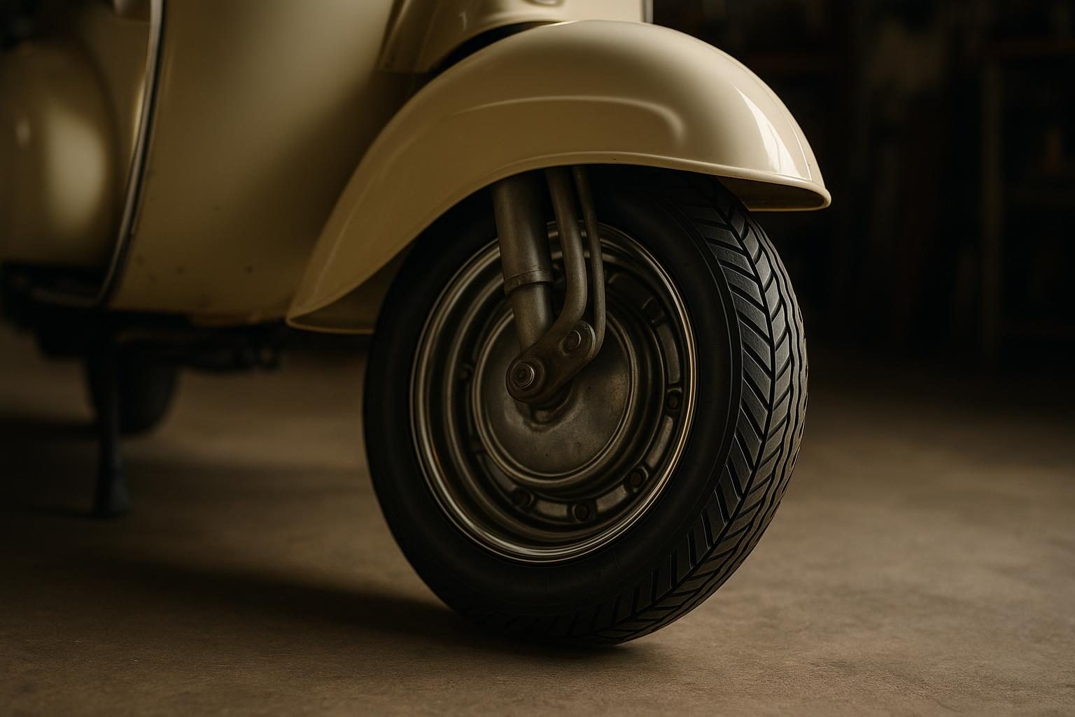 Vorderrad eines klassischen Motorrollers mit 10-Zoll-Rad und Diagonalreifen (KI-generiert, OpenAI)