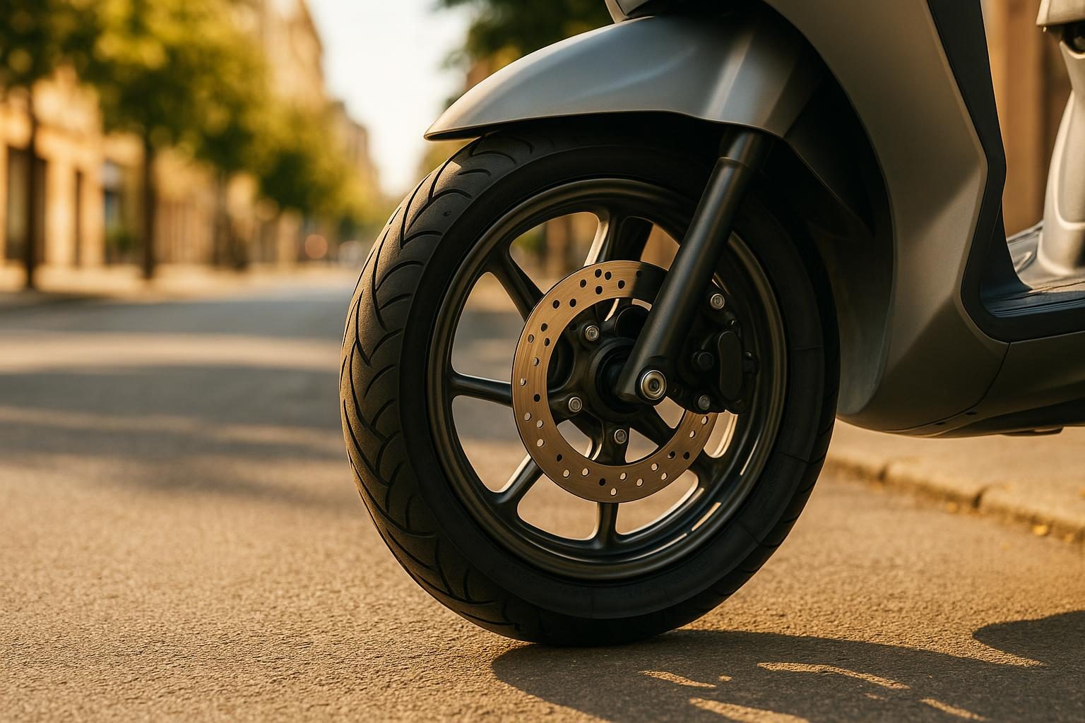 Vorderrad eines Motorrollers mit Rollerreifen auf sonniger Stadtstraße (Symbolbild, KI-generiert, OpenAI)