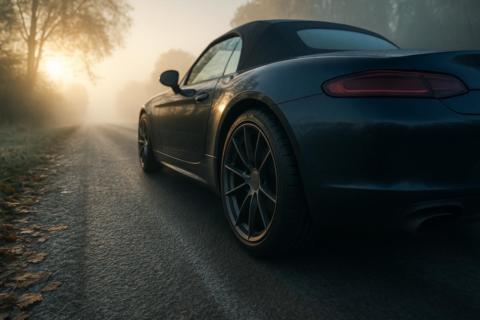 Cabrio mit geschlossenem Verdeck auf feuchter Herbststraße im Morgennebel (KI-generiert, OpenAI)