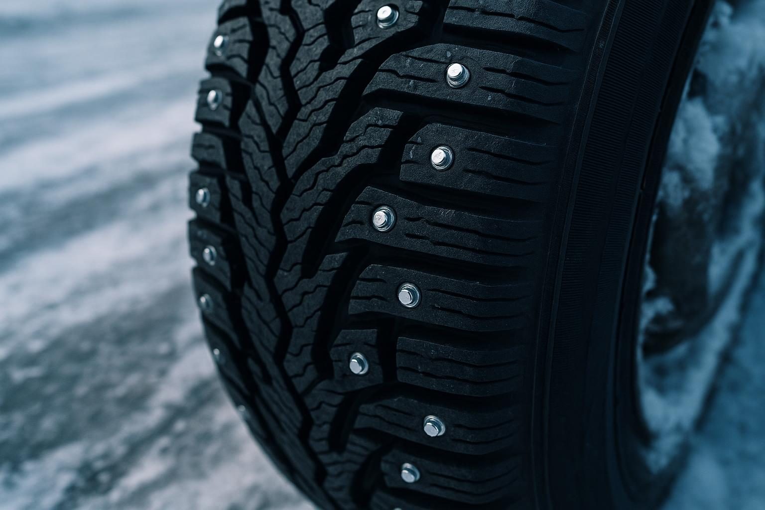 Nahaufnahme eines Spike-Winterreifens mit Metallstiften auf Schnee (KI-generiert, OpenAI)
