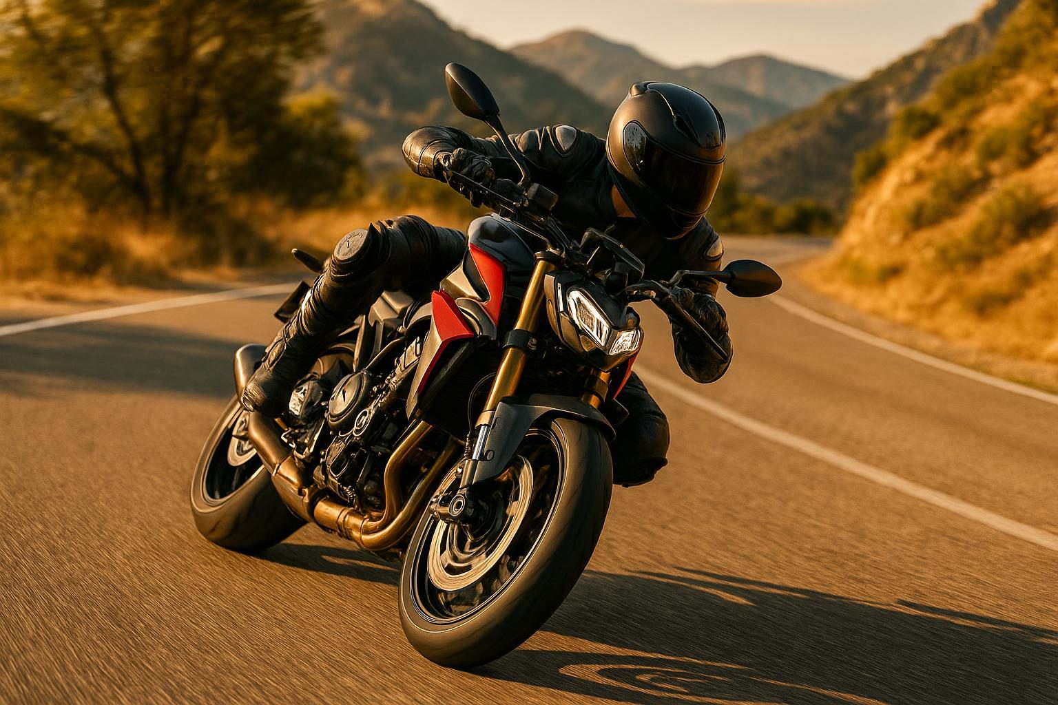 Sportliches Motorrad in Schräglage auf kurviger Landstraße (KI-generiert, OpenAI)
