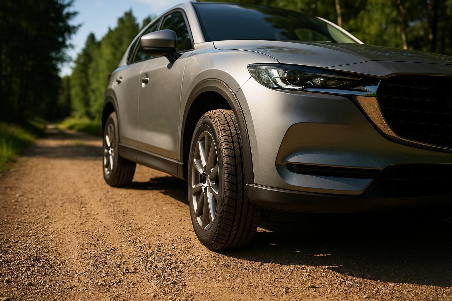 SUV auf einem Schotterweg am Waldrand mit Fokus auf dem Straßen-SUV-Reifen (KI-generiert, OpenAI)