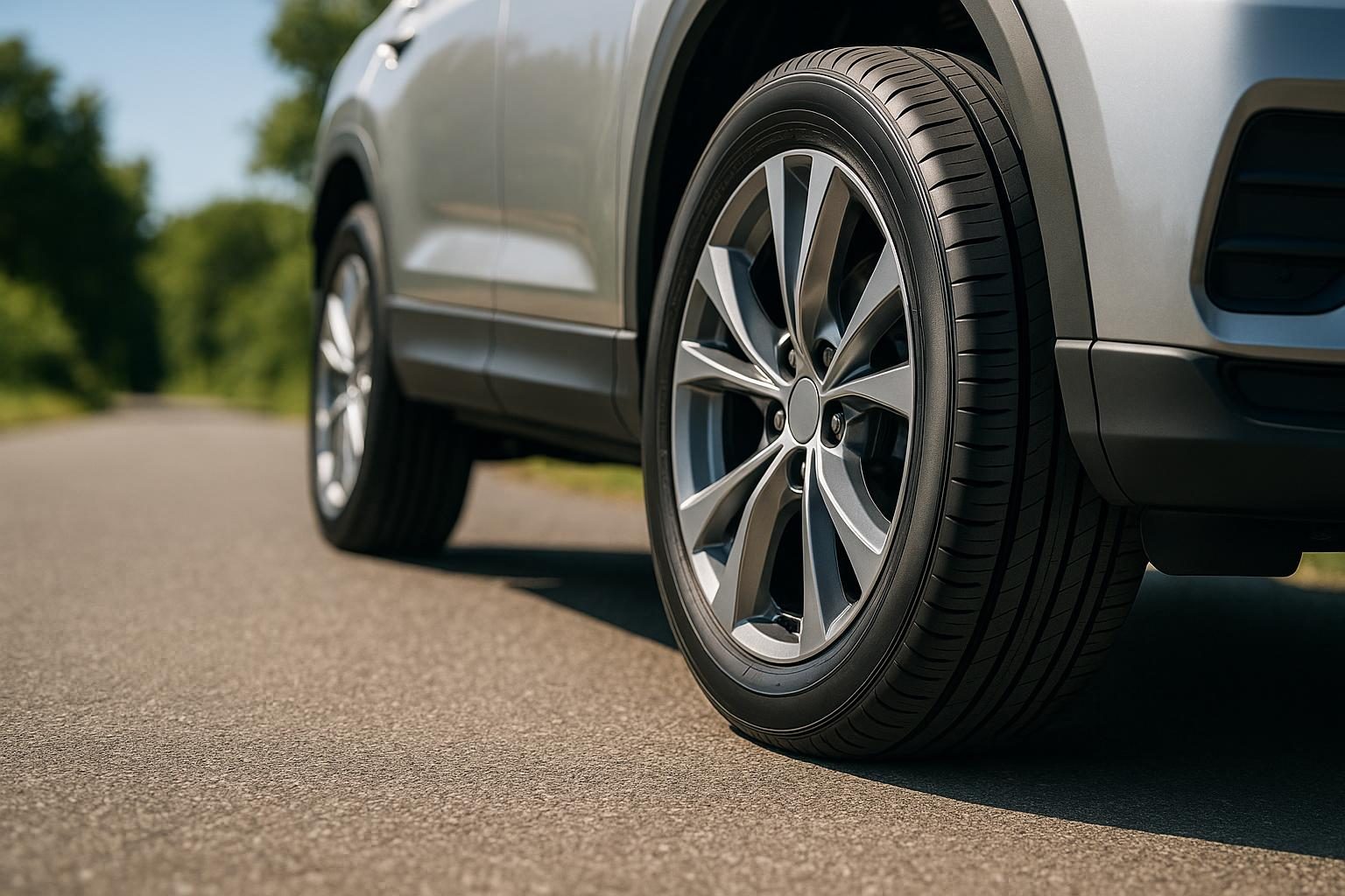 Vorderrad eines silbernen SUV mit neuem Sommerreifen auf trockener Sommerstraße (Symbolbild, KI-generiert, OpenAI)