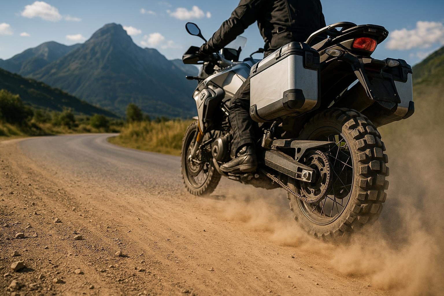 Reise-Enduro mit grobstolligem Dual-Sport-Reifen auf einer Schotterpiste (KI-generiert, OpenAI)