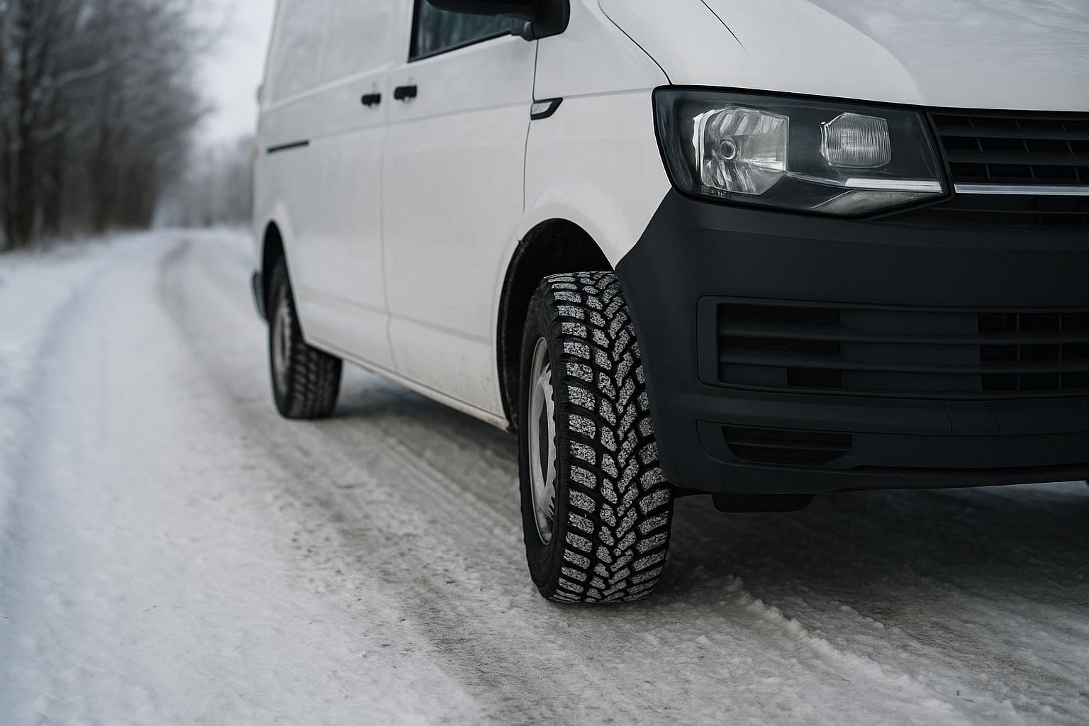 Weißer Transporter auf schneebedeckter Straße, Fokus auf dem groben Winter-Reifenprofil (KI-generiert, OpenAI)
