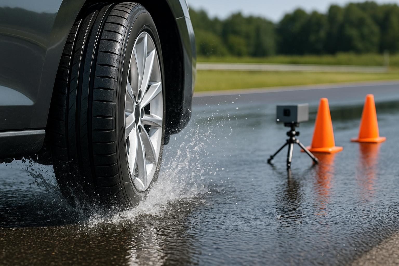 KI-generiert (OpenAI): Auto-Reifen bremst auf nasser Teststrecke, Wasser spritzt von der Lauffläche, daneben ein Messgerät und Markierungshütchen.