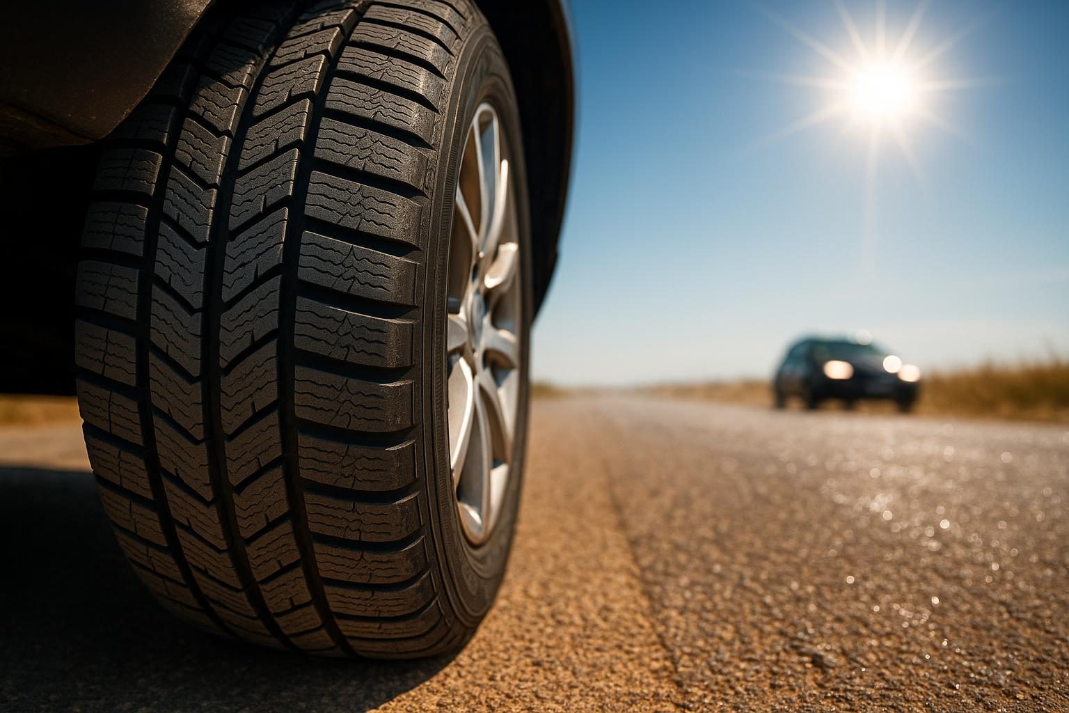 Winterreifen mit groben Profilblöcken auf heißem, trockenem Sommerasphalt bei gleißender Sonne (KI-generiert, OpenAI)