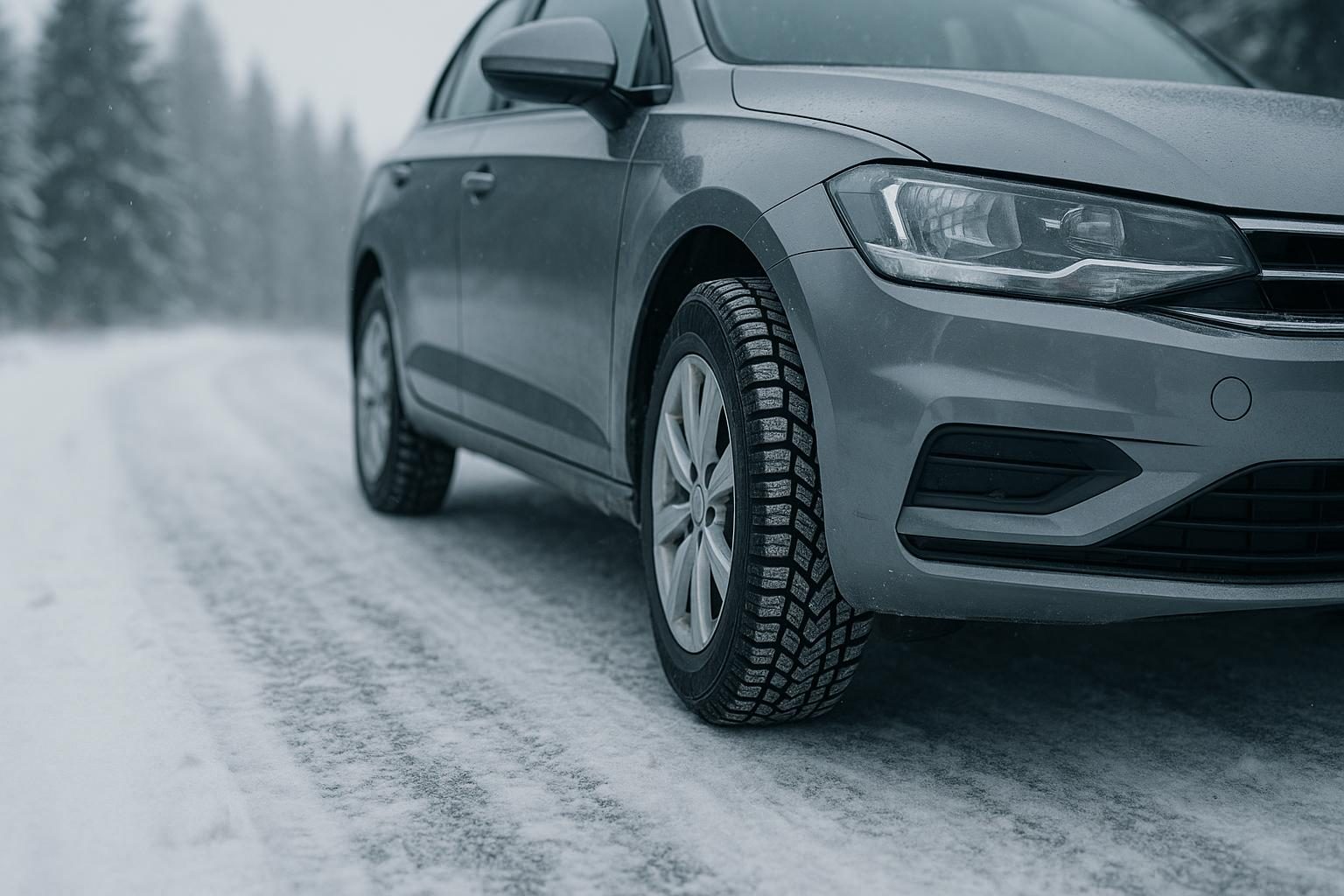 Grauer Pkw mit Winterreifen auf verschneiter Straße, Nahaufnahme des Profils (KI-generiert, OpenAI)